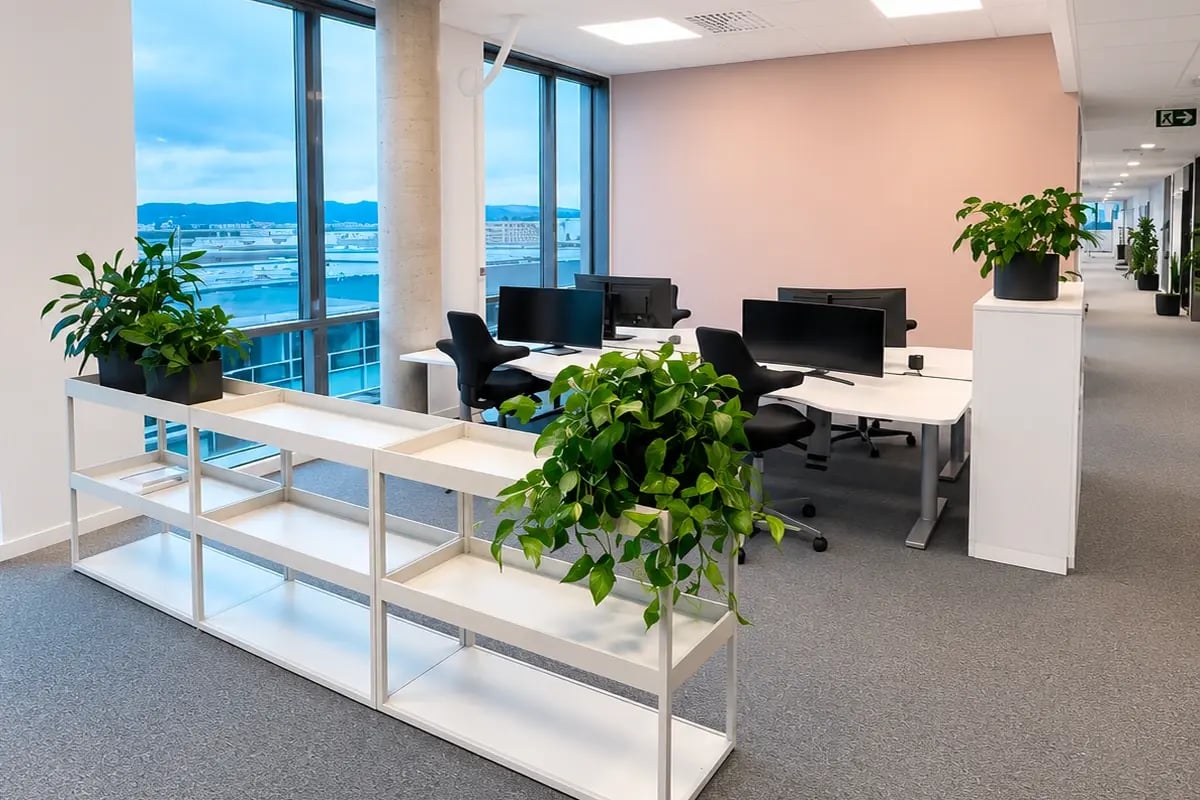 Arbeidsplasser satt opp med møbler, skjermer og grønne soner.